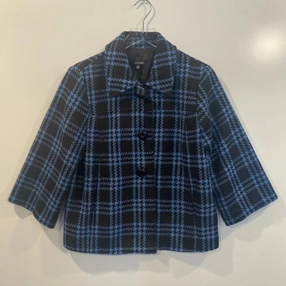 Notations Black Blue Plaid 3 Button Tweed Blazer Jacket Womens Size Medium